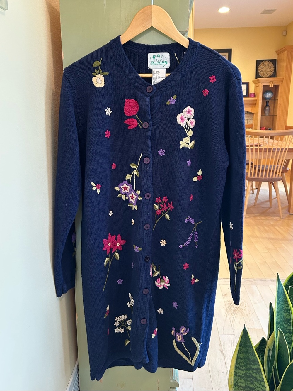 The Quacker Factory Vintage Navy Floral Embroidered Linen Cotton Cardigan Small